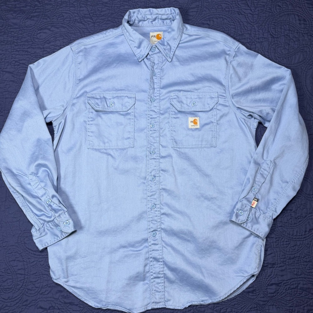 Carhartt FR Flame Resistant Work Shirt Mens Large Blue FRS003 Button Down CAT 2